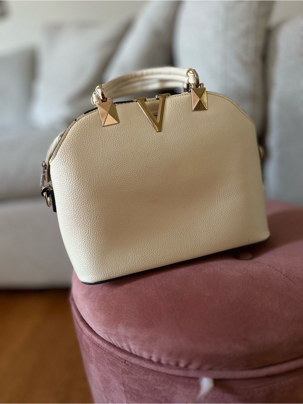 Cream Dome Satchel Handbag with Gold Accents